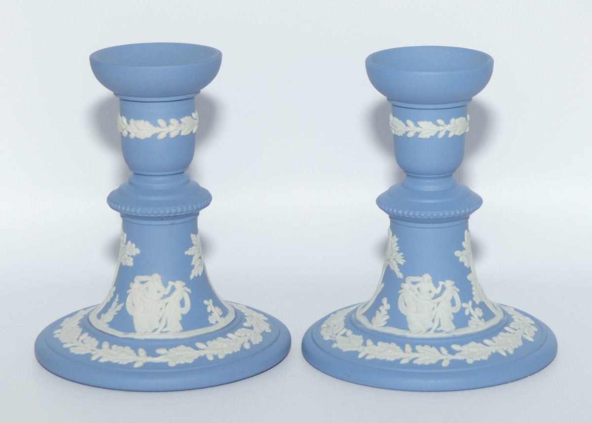Wedgwood Jasper pair of candlesticks | White on Pale Blue | Grecian Maidens