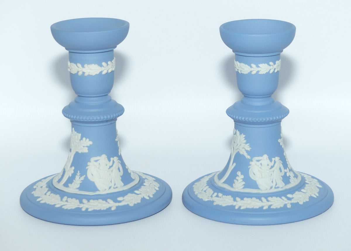 Wedgwood Jasper pair of candlesticks | White on Pale Blue | Grecian Maidens