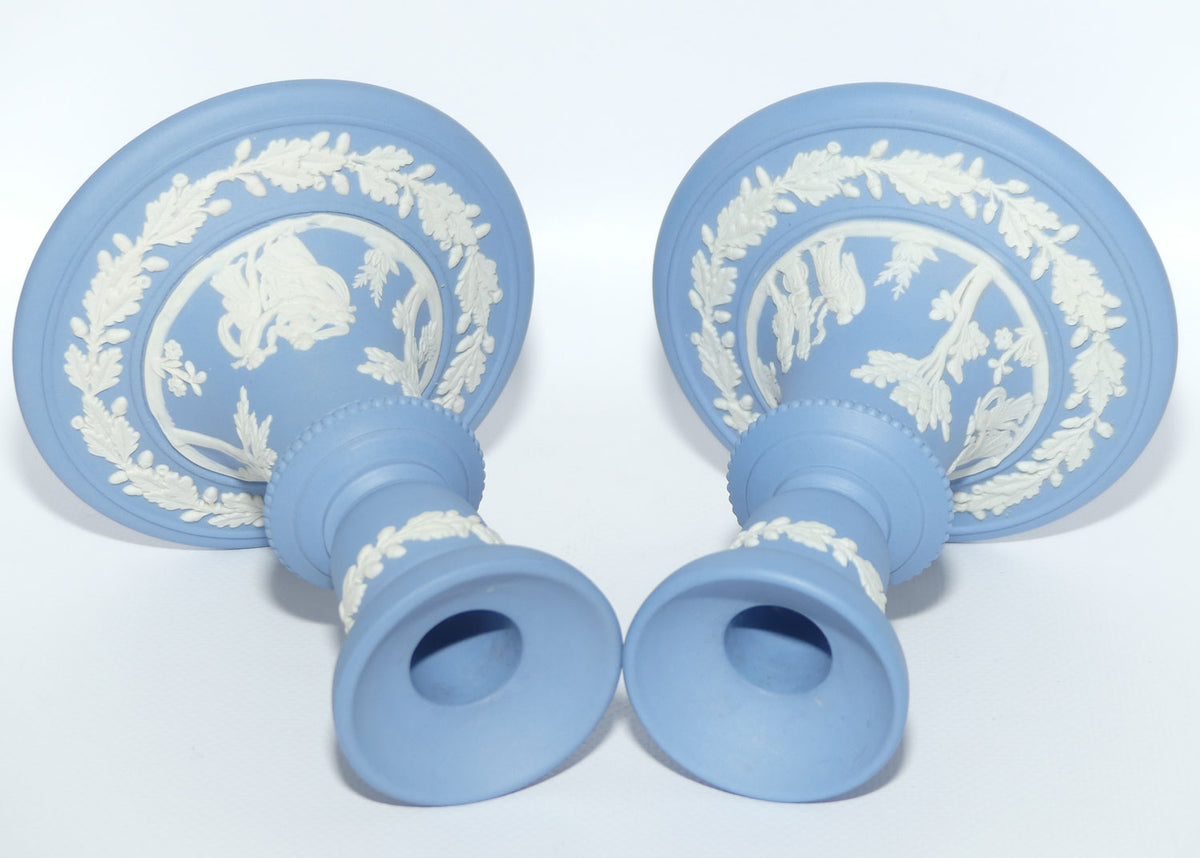 Wedgwood Jasper pair of candlesticks | White on Pale Blue | Grecian Maidens