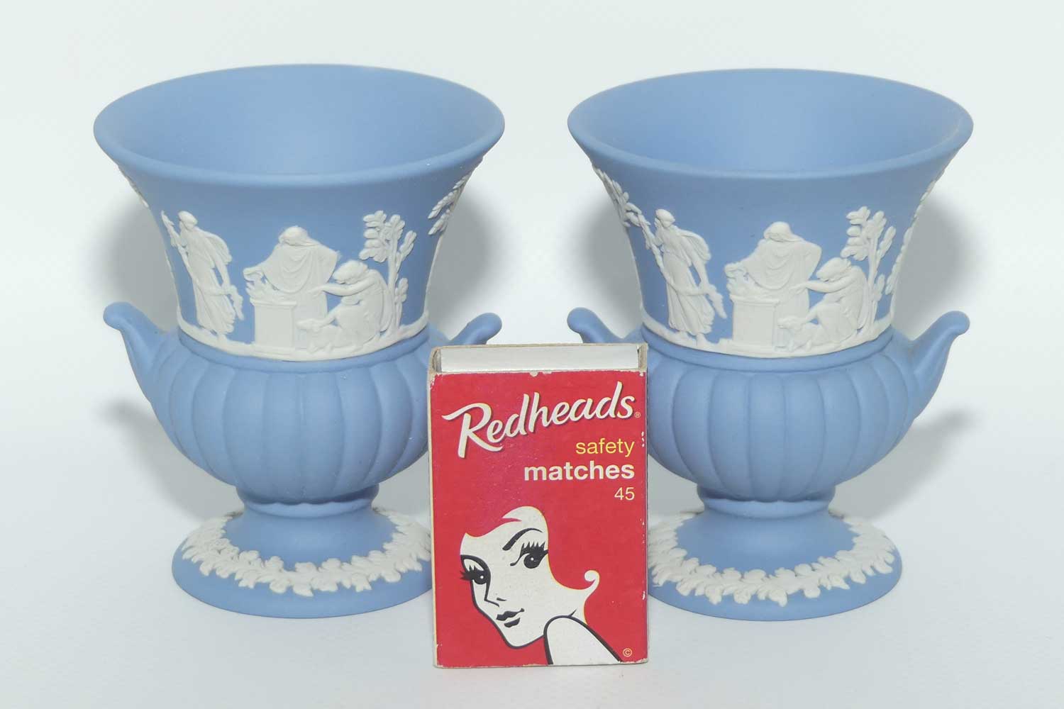 Wedgwood Jasper | White on Pale Blue | Maidens Campagna shape pair of vases | #2