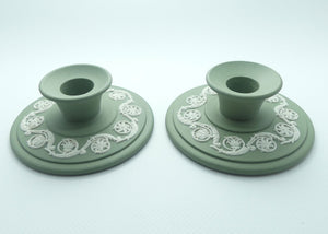 Wedgwood Jasper | White on Sage Green | Pair of candle holders