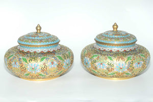 Pair of Mid Century Cloisonne on Brass Lidded Pots | Large Proportions