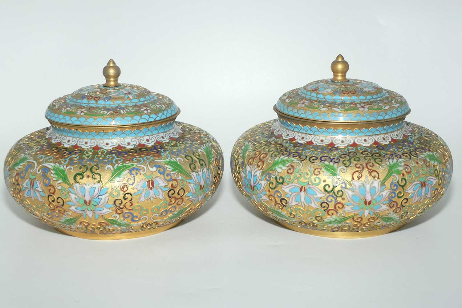 Pair of Mid Century Cloisonne on Brass Lidded Pots | Large Proportions