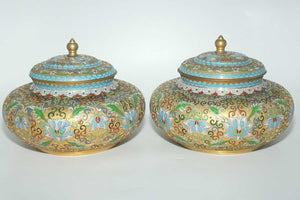 Pair of Mid Century Cloisonne on Brass Lidded Pots | Large Proportions