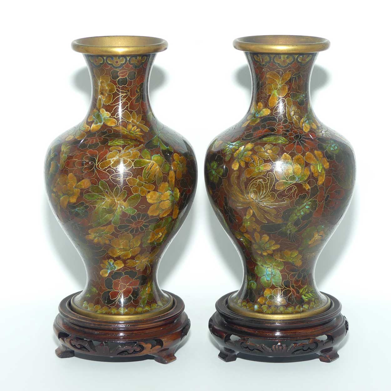 Pair of Red Brown with Green Tints Cloisonne Vases on wooden stands