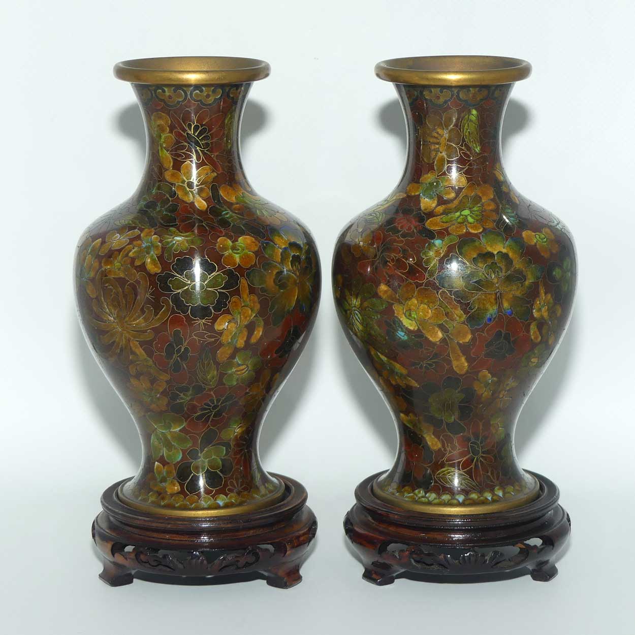 Pair of Red Brown with Green Tints Cloisonne Vases on wooden stands