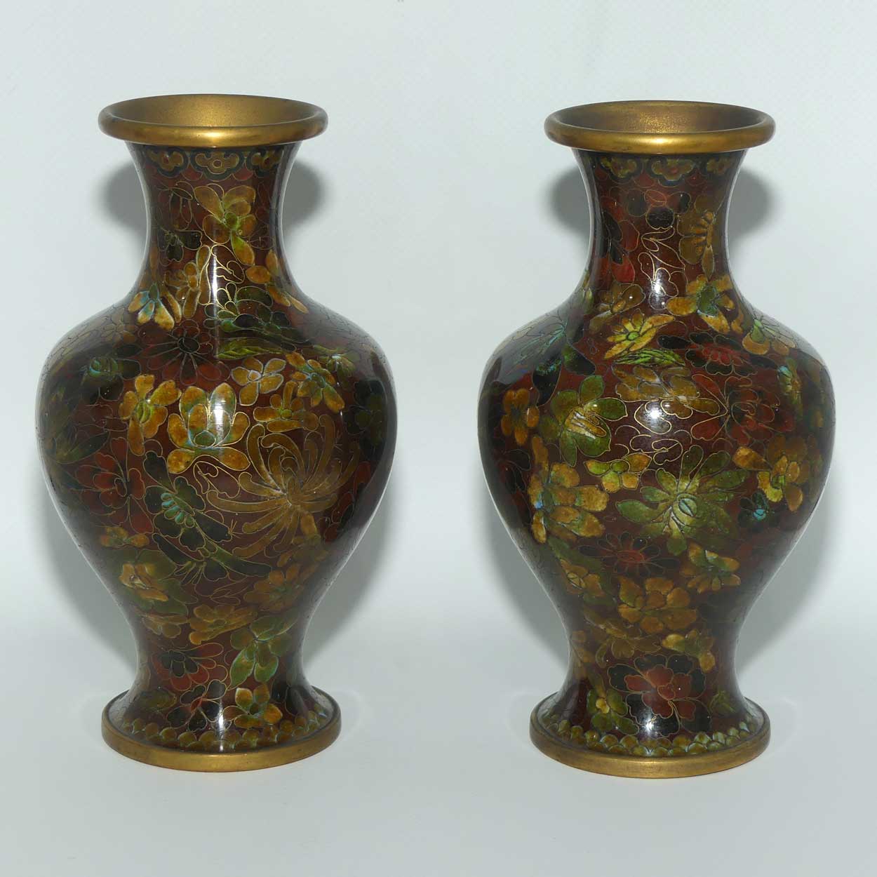 Pair of Red Brown with Green Tints Cloisonne Vases on wooden stands