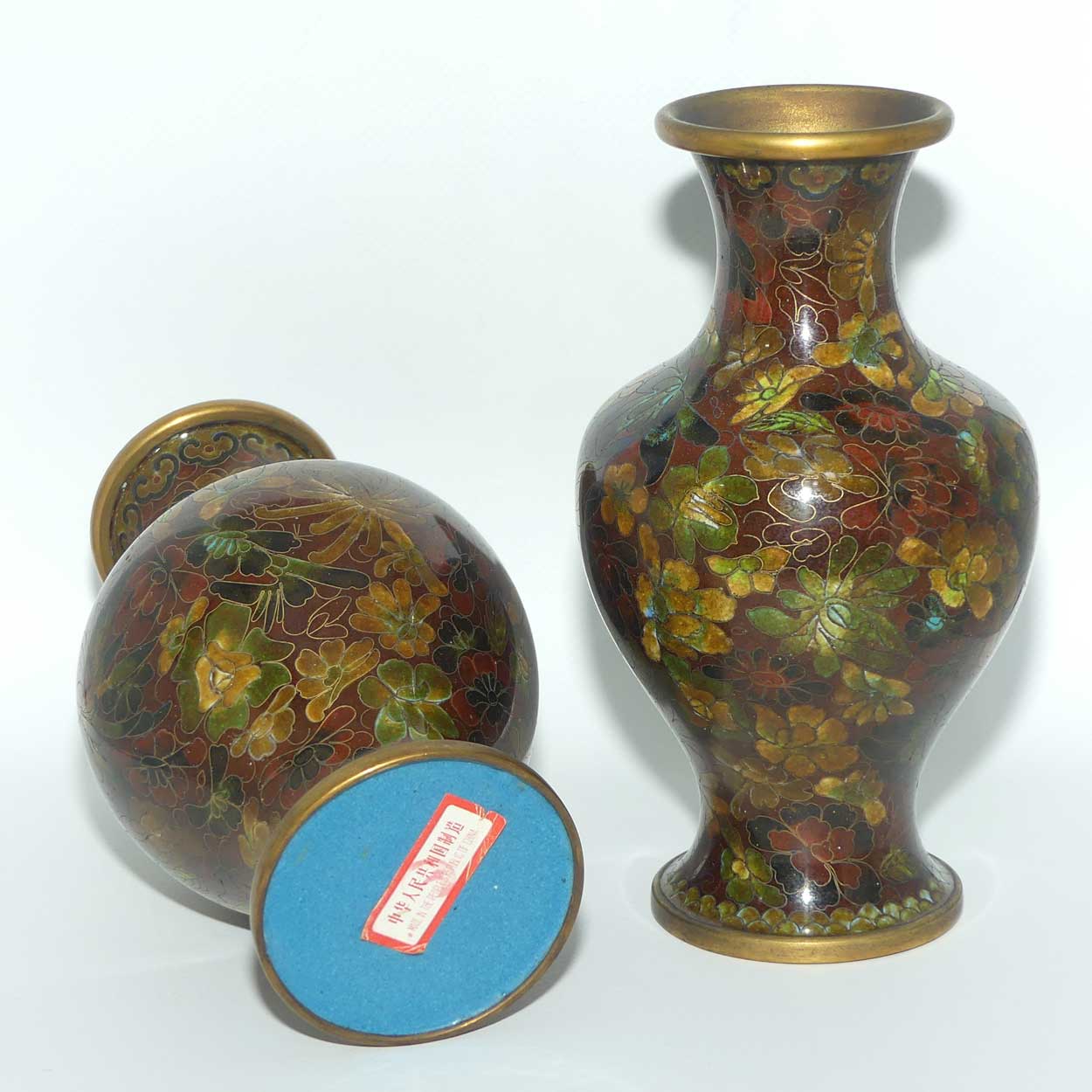 Pair of Red Brown with Green Tints Cloisonne Vases on wooden stands