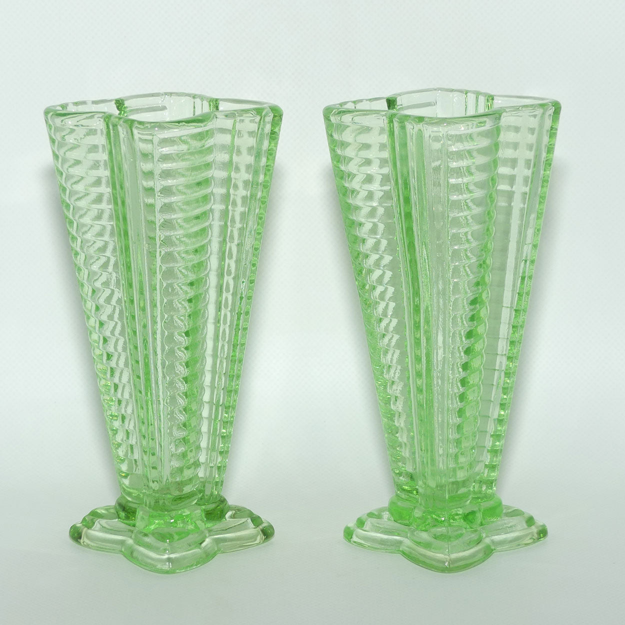Pair of Ribbed 4 sided Green Glass vases | Art Deco style | 18cm tall