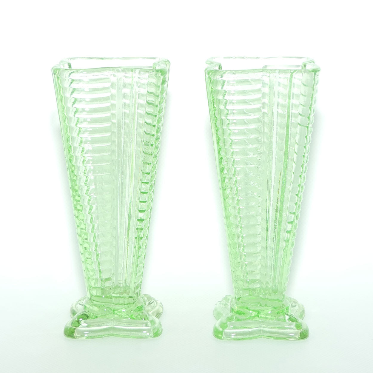 Pair of Ribbed 4 sided Green Glass vases | Art Deco style | 18cm tall