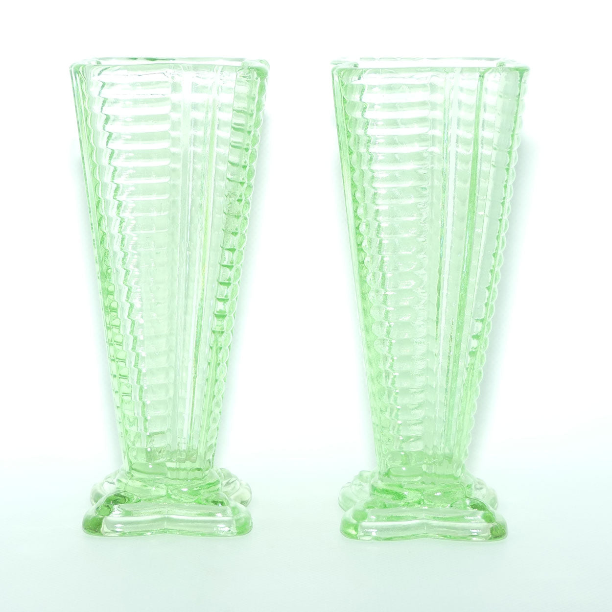Pair of Ribbed 4 sided Green Glass vases | Art Deco style | 18cm tall