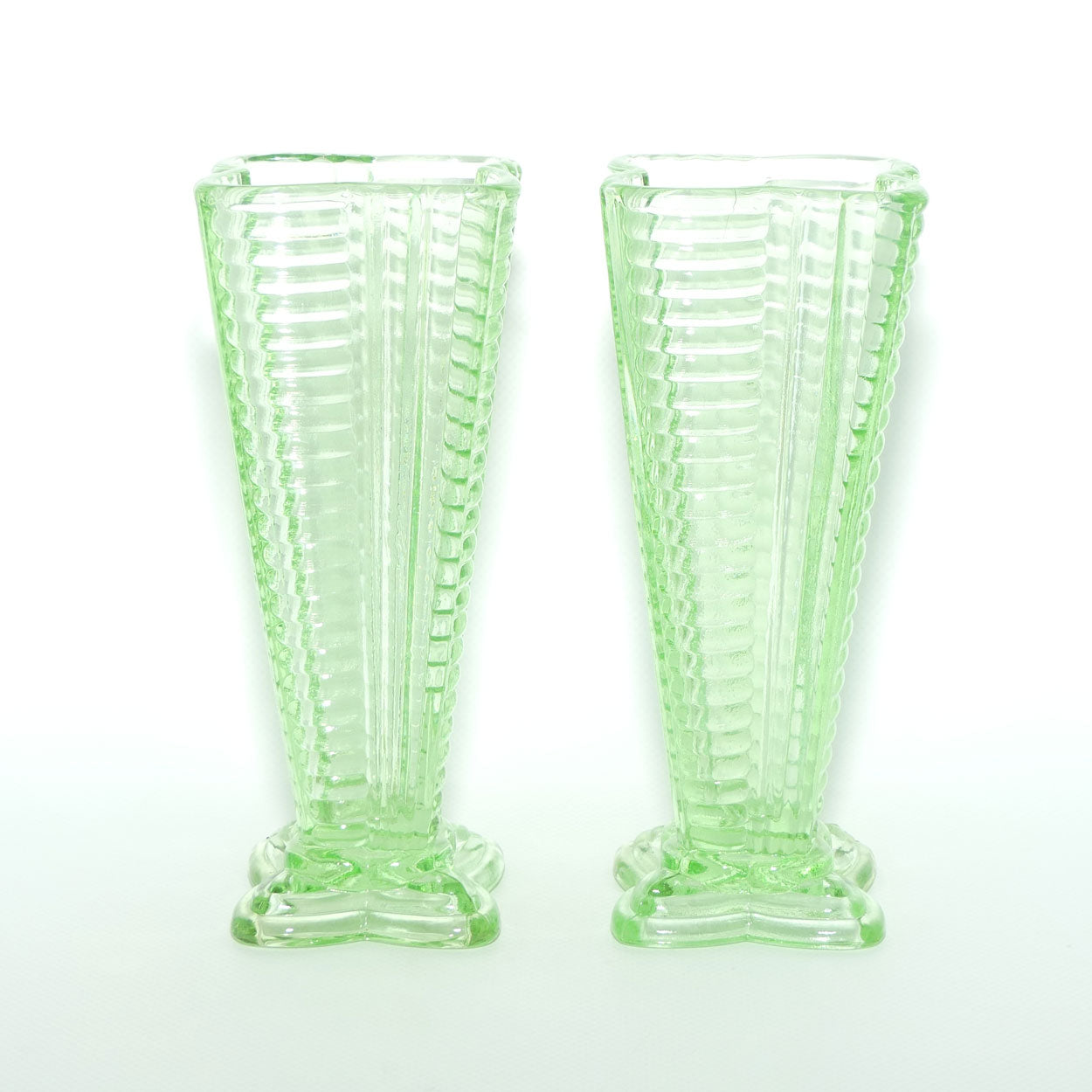 Pair of Ribbed 4 sided Green Glass vases | Art Deco style | 18cm tall