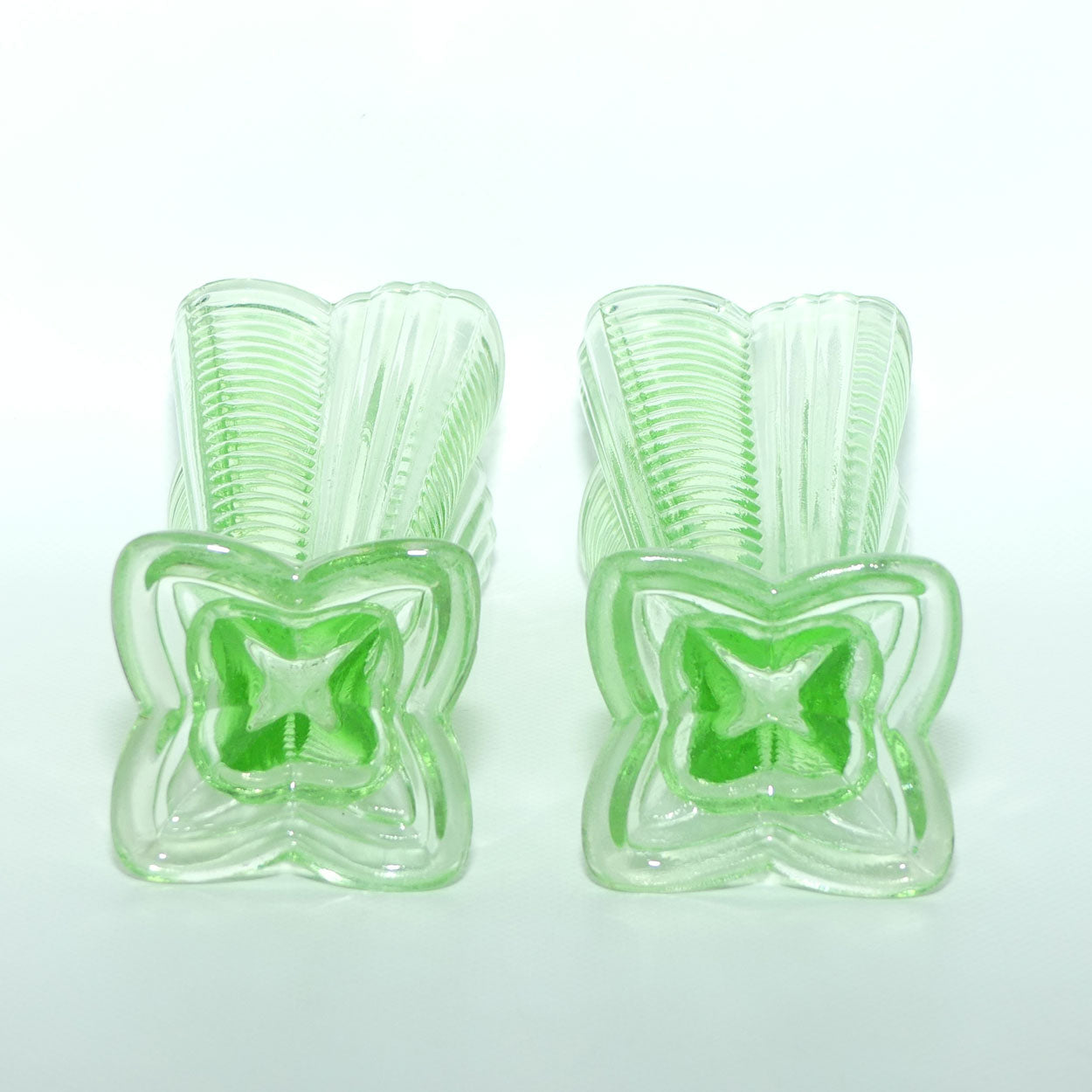 Pair of Ribbed 4 sided Green Glass vases | Art Deco style | 18cm tall