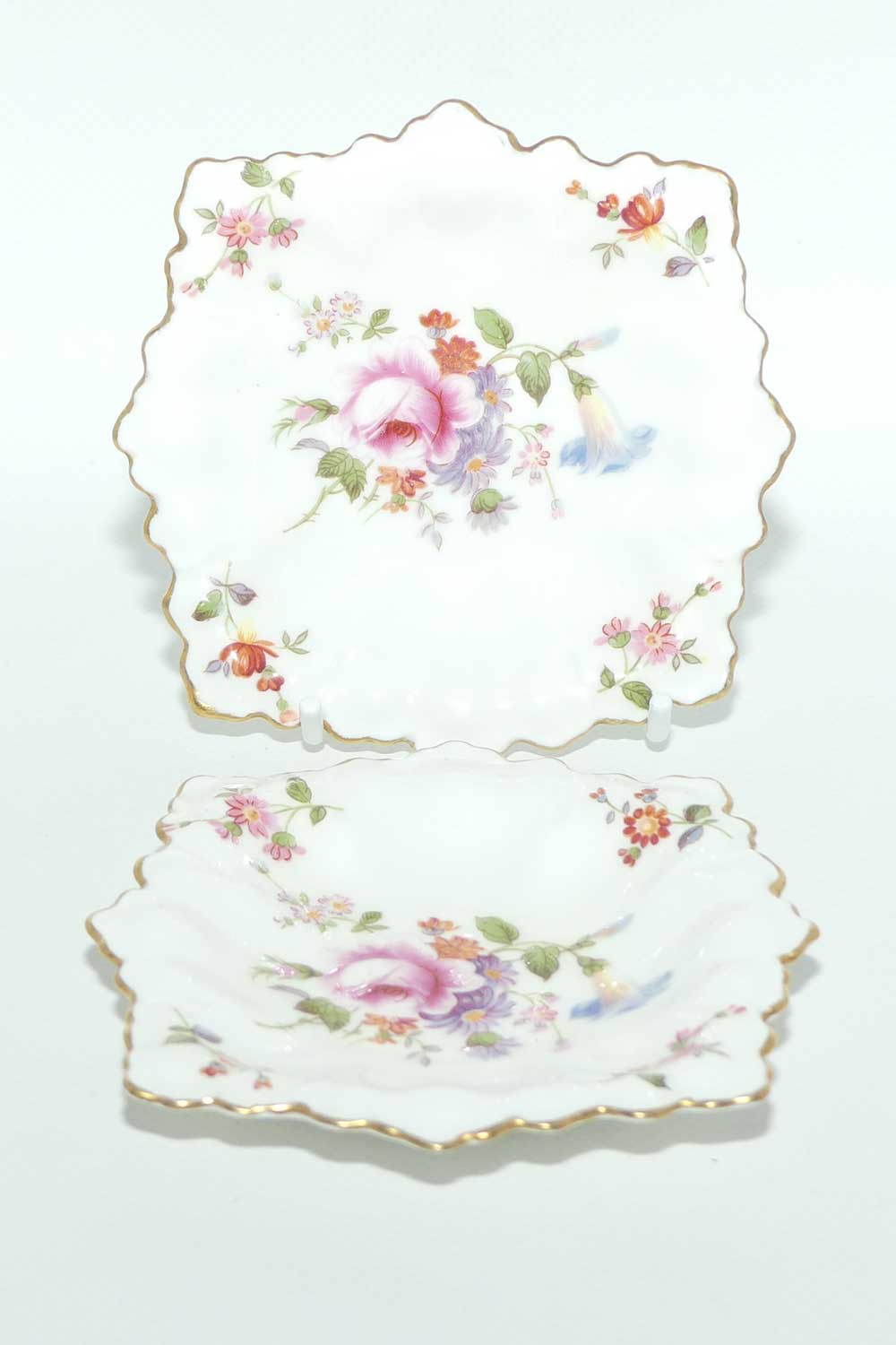 Pair of Royal Crown Derby Derby Posies gilt trim pin dishes | 11cm square