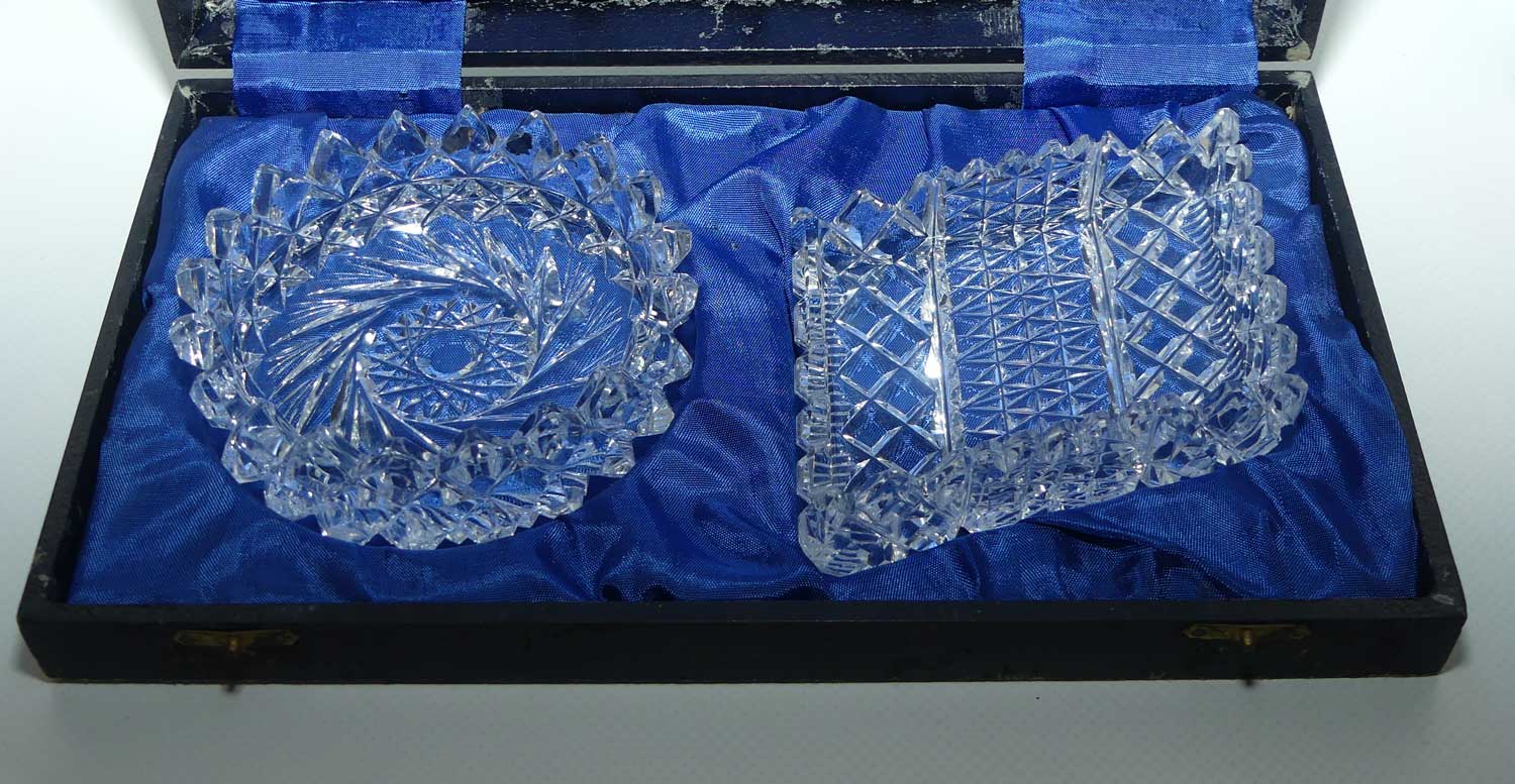Pair of finely cut crystal butter dishes in presentation box