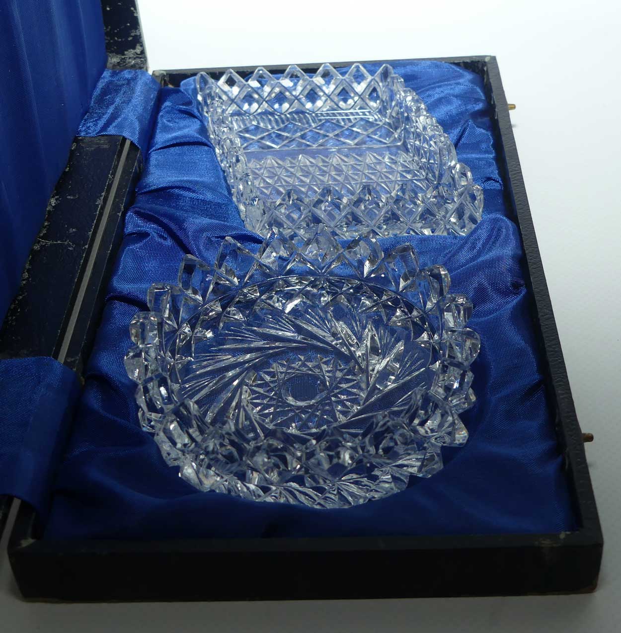 Pair of finely cut crystal butter dishes in presentation box