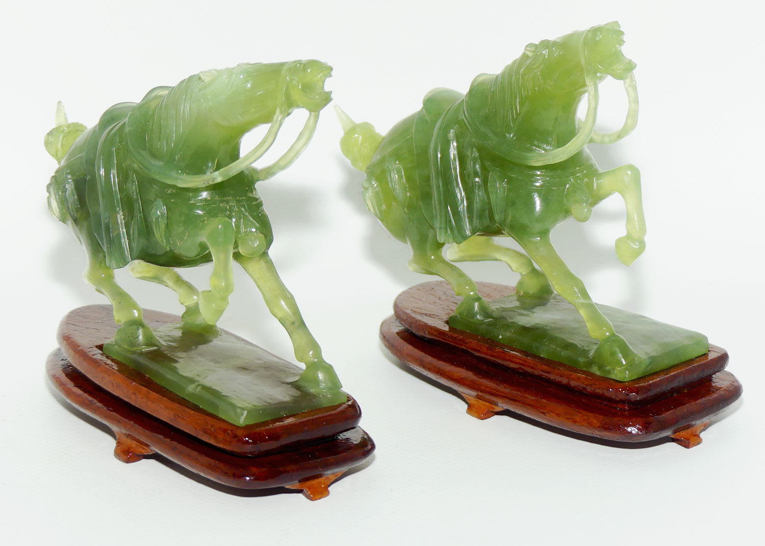 Mid 20th Century Chinese Green Jade | Hardstone pair of Horses fixed on wooden stands