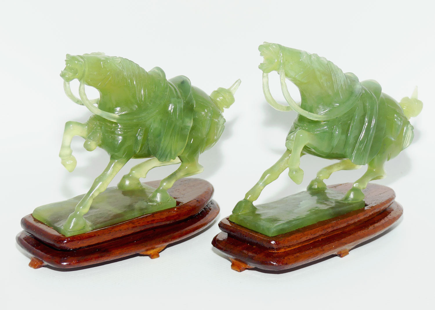 Mid 20th Century Chinese Green Jade | Hardstone pair of Horses fixed on wooden stands