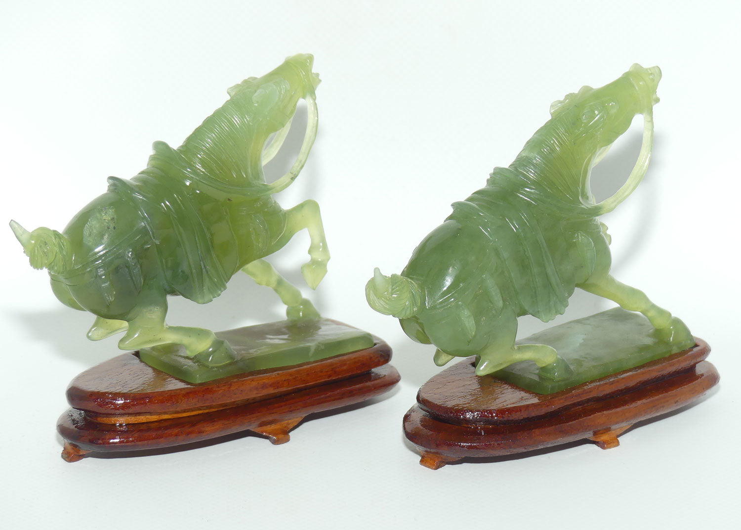 Mid 20th Century Chinese Green Jade | Hardstone pair of Horses fixed on wooden stands