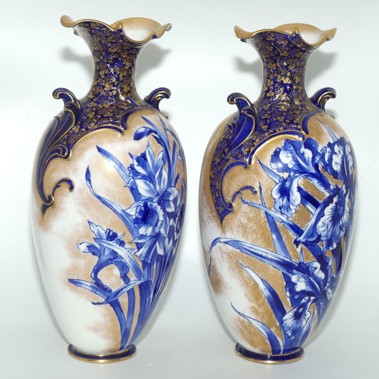 Doulton Burslem Blue Iris and Daffodil pair of large fancy bulbous vases with little handles and gilt highlights