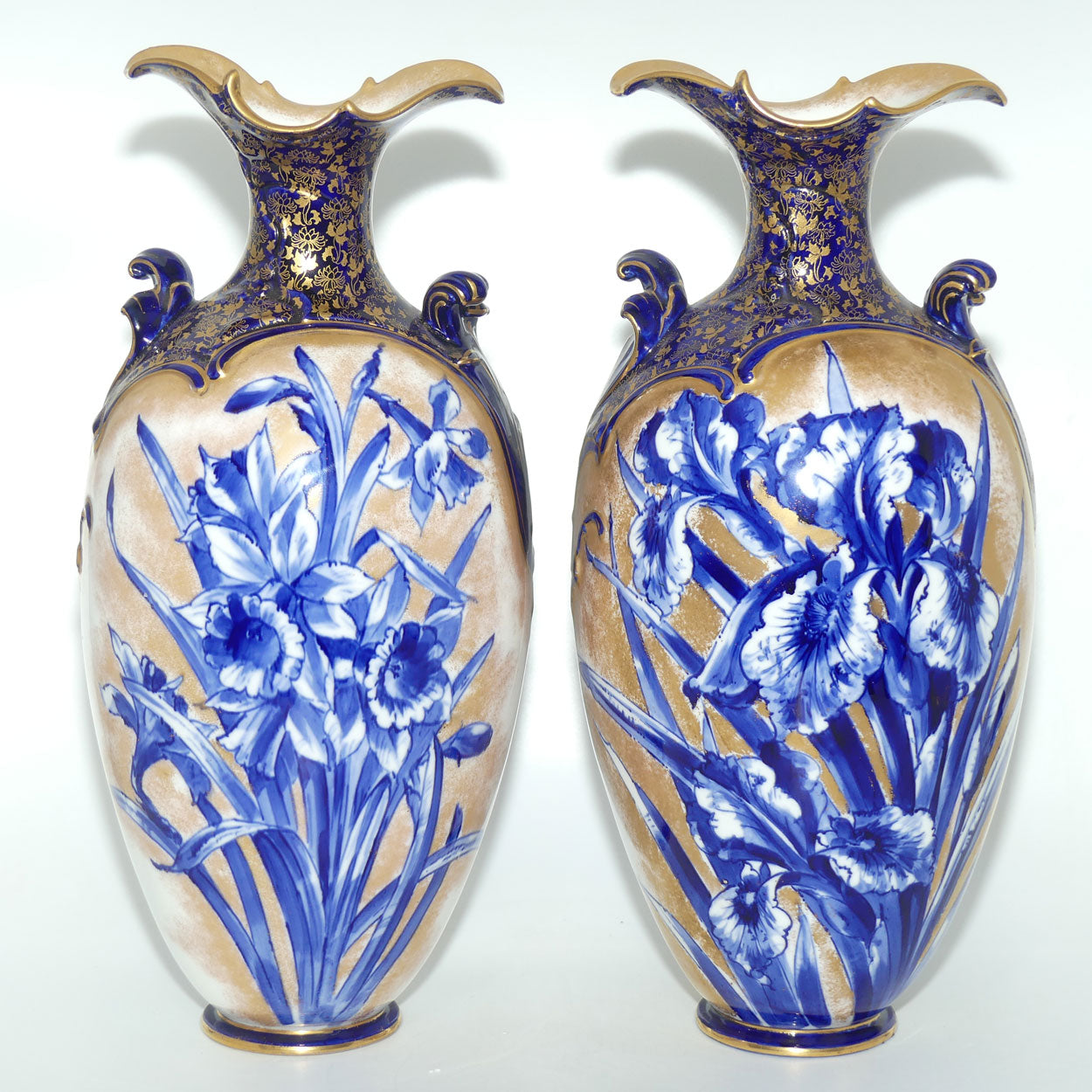 Doulton Burslem Blue Iris and Daffodil pair of large fancy bulbous vases with little handles and gilt highlights
