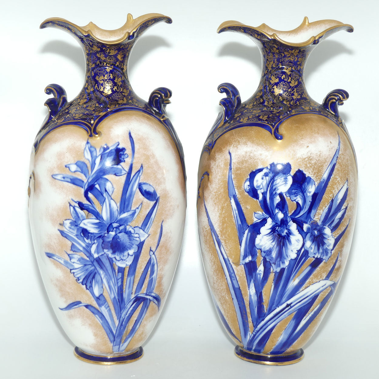Doulton Burslem Blue Iris and Daffodil pair of large fancy bulbous vases with little handles and gilt highlights