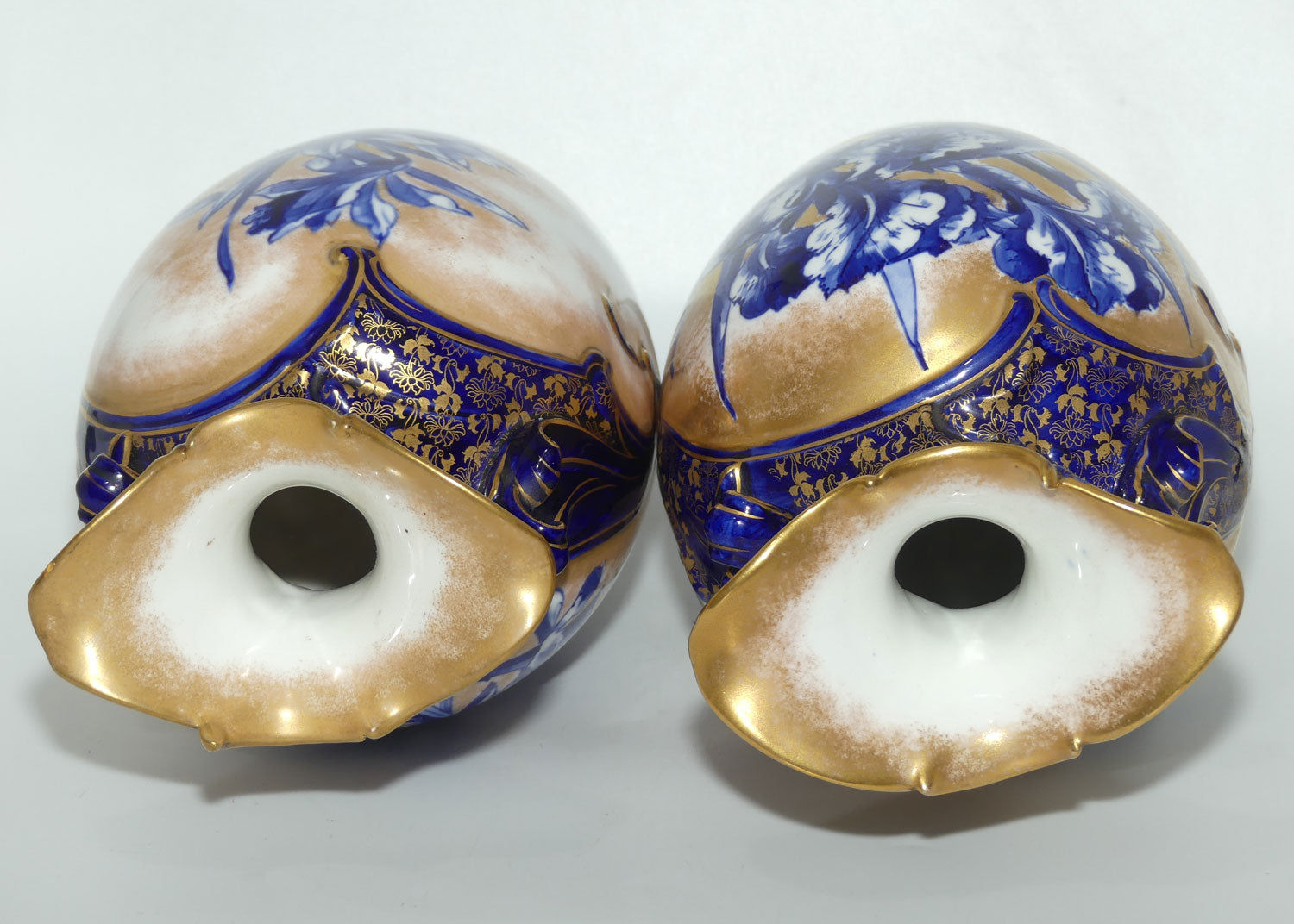 Doulton Burslem Blue Iris and Daffodil pair of large fancy bulbous vases with little handles and gilt highlights