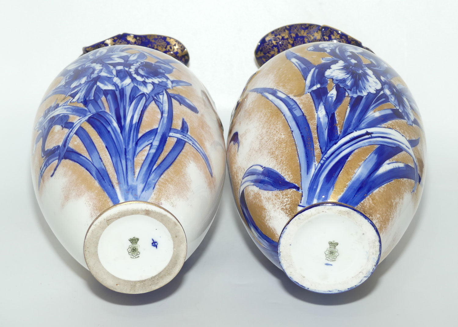 Doulton Burslem Blue Iris and Daffodil pair of large fancy bulbous vases with little handles and gilt highlights