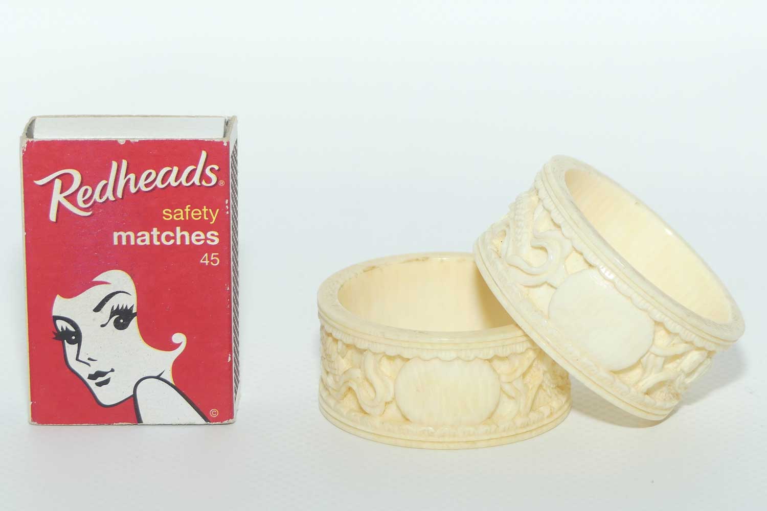 Chinese Carved Ivory pair of napkin rings | serviette rings | Dragon motif