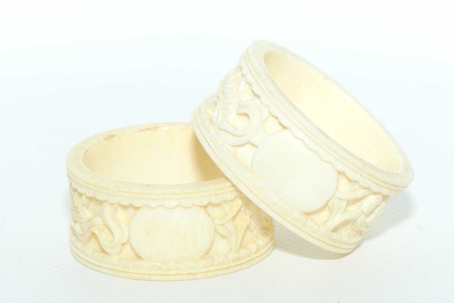 Chinese Carved Ivory pair of napkin rings | serviette rings | Dragon motif