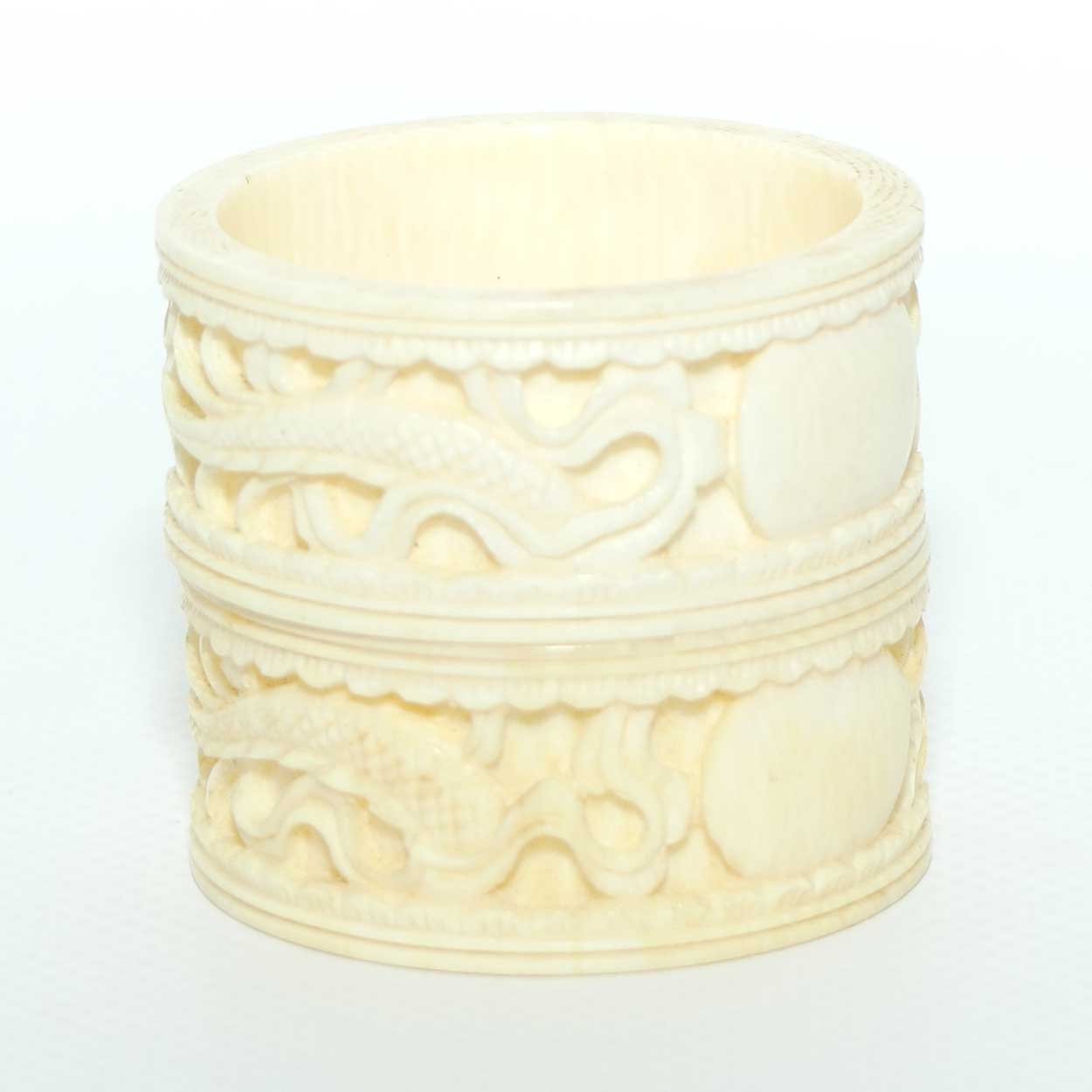 Chinese Carved Ivory pair of napkin rings | serviette rings | Dragon motif