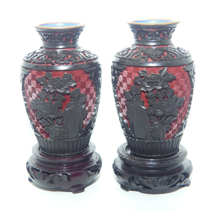 Pair of Vintage Chinese Hand Carved Black on Red Cinnabar on Copper vases