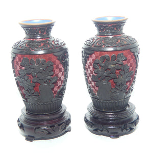 Pair of Vintage Chinese Hand Carved Black on Red Cinnabar on Copper vases