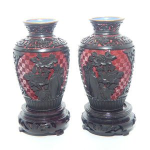 Pair of Vintage Chinese Hand Carved Black on Red Cinnabar on Copper vases