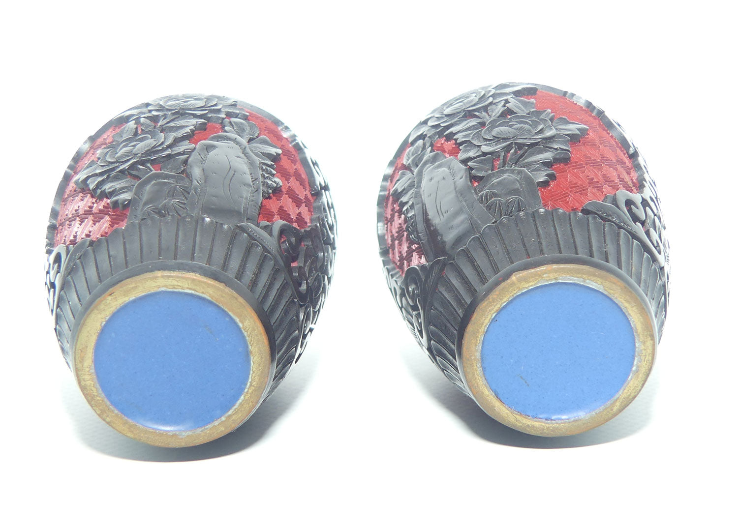 Pair of Vintage Chinese Hand Carved Black on Red Cinnabar on Copper vases