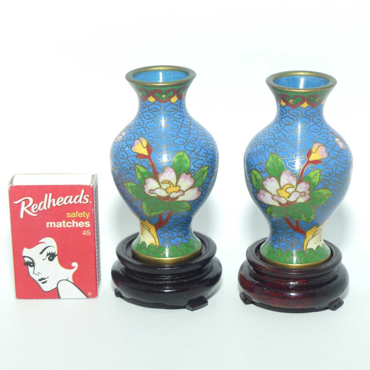Mid Century Cloisonne pair of mini Vases on Stands | Blue | Flowers