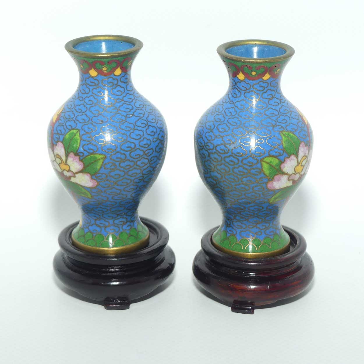 Mid Century Cloisonne pair of mini Vases on Stands | Blue | Flowers