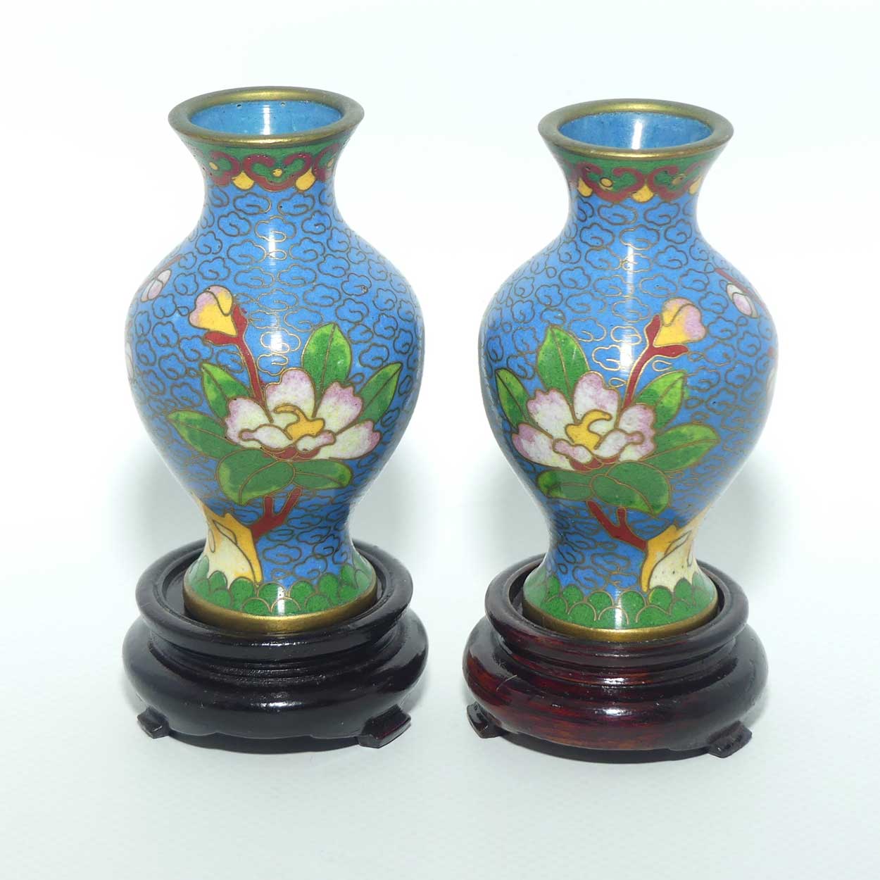 Mid Century Cloisonne pair of mini Vases on Stands | Blue | Flowers