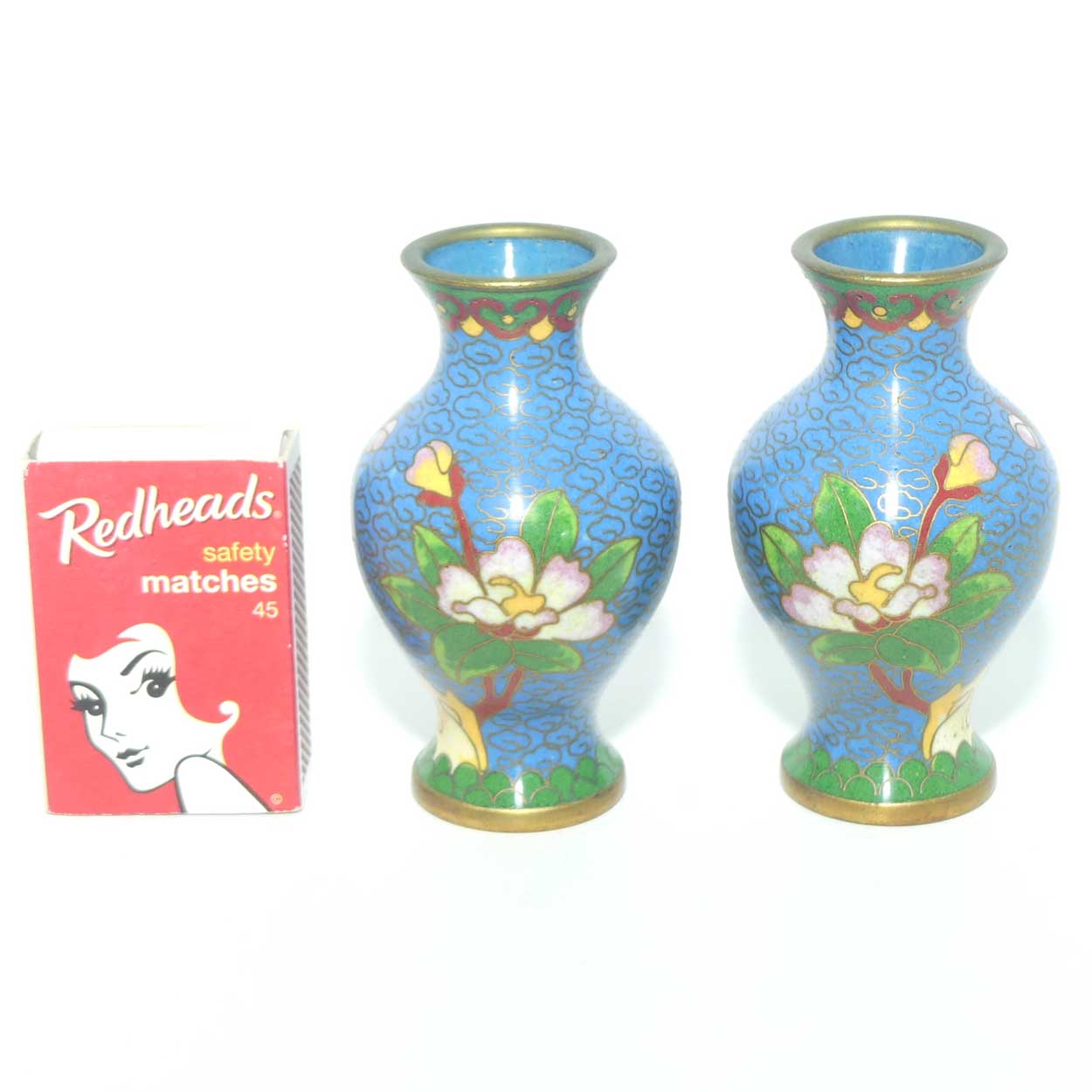 Mid Century Cloisonne pair of mini Vases on Stands | Blue | Flowers