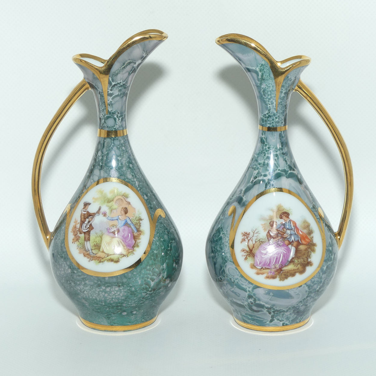 Monarch Porcelain D'Art Limoges France pair of Ewers | simulated Malachite colour