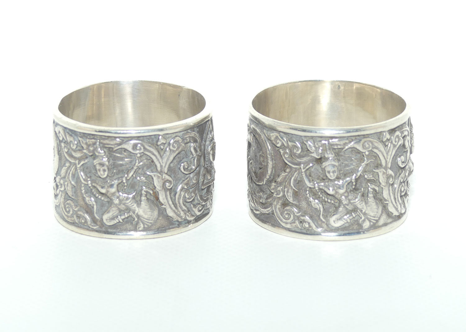 Pair of Heavily Embossed Siam Sterling Silver napkin or serviette rings | 52.15g the pair