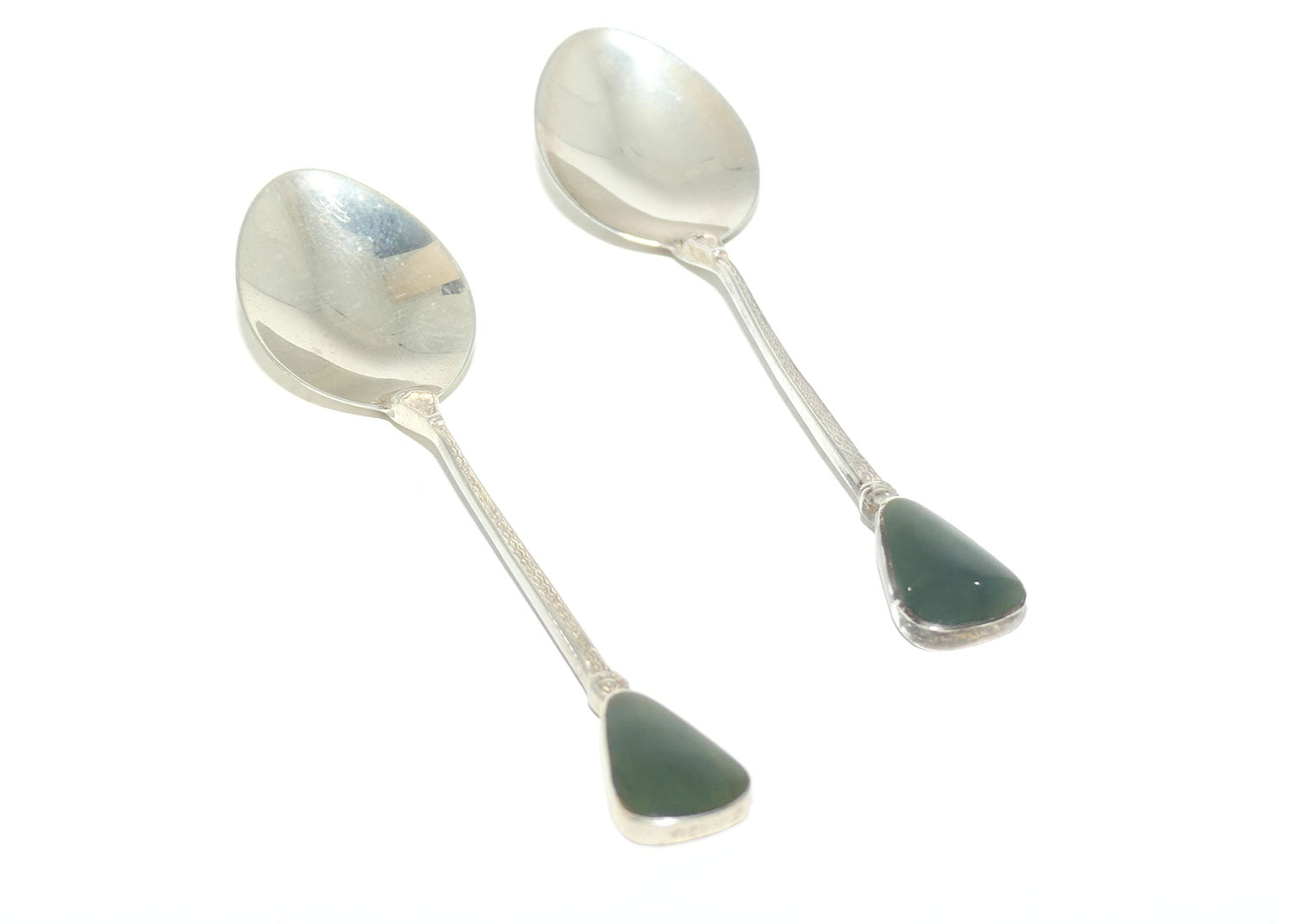 New Zealand Sterling Silver pair of souvenir teaspoons | NZ Greenstone set handle