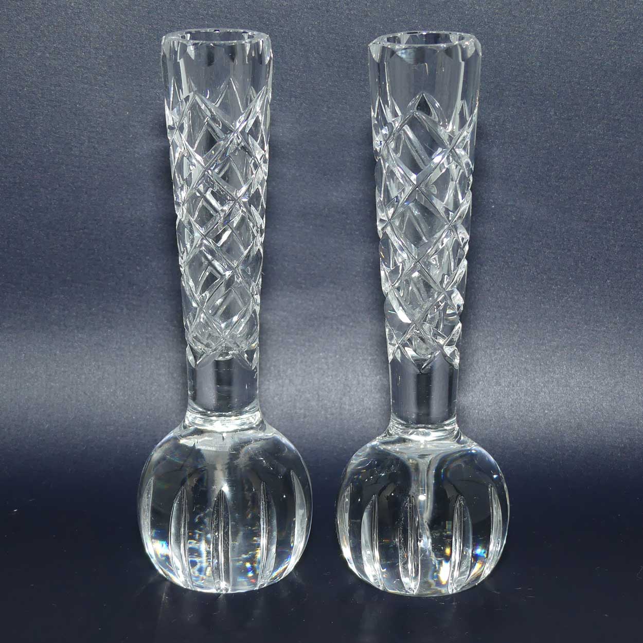 Pair Bohemian Crystal diamond cut bud vases