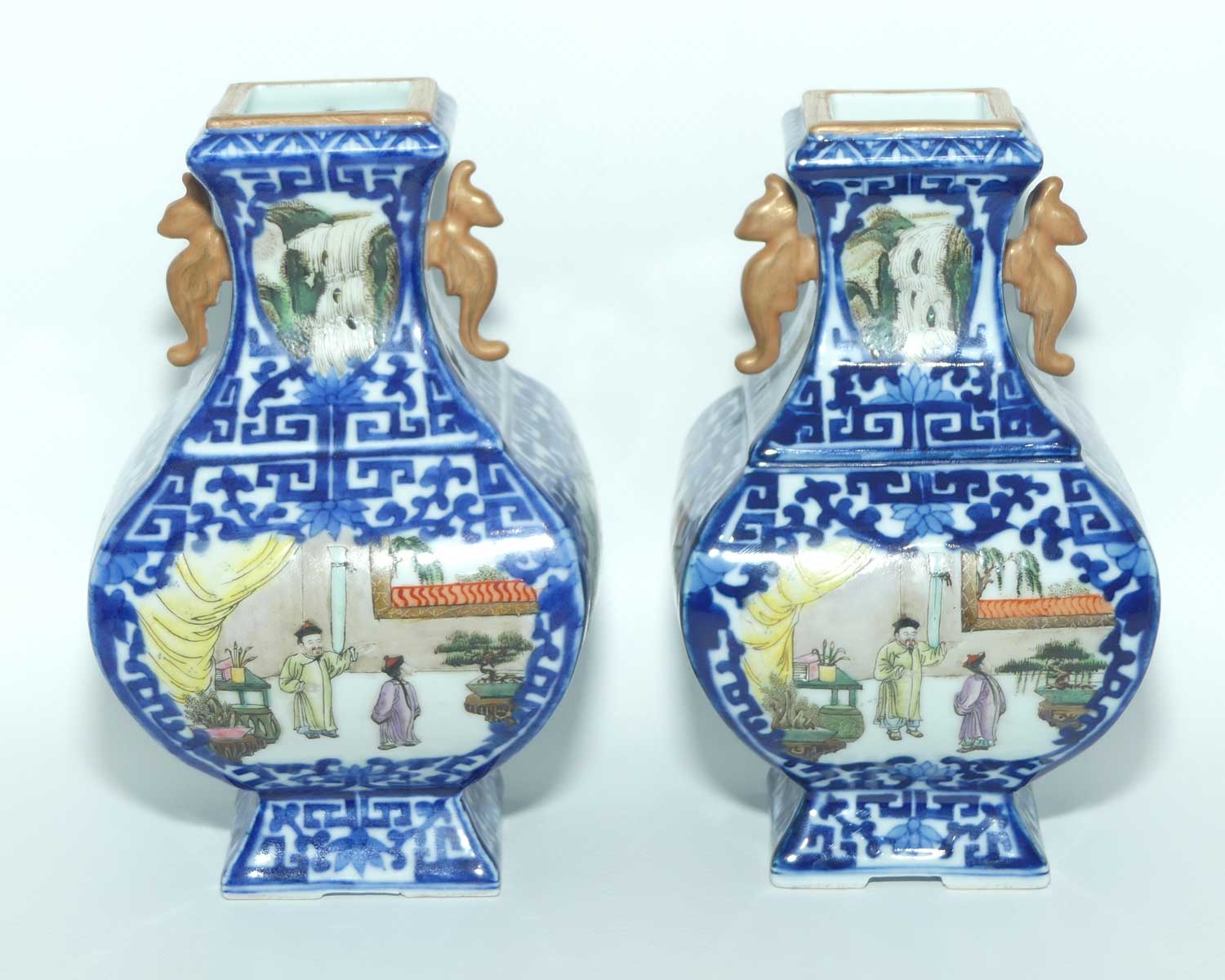 Pair of Chinese Qing Style Square vases | Blue and White and hand painted scenes
