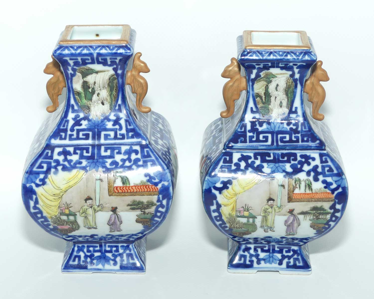 Pair of Chinese Qing Style Square vases | Blue and White and hand painted scenes