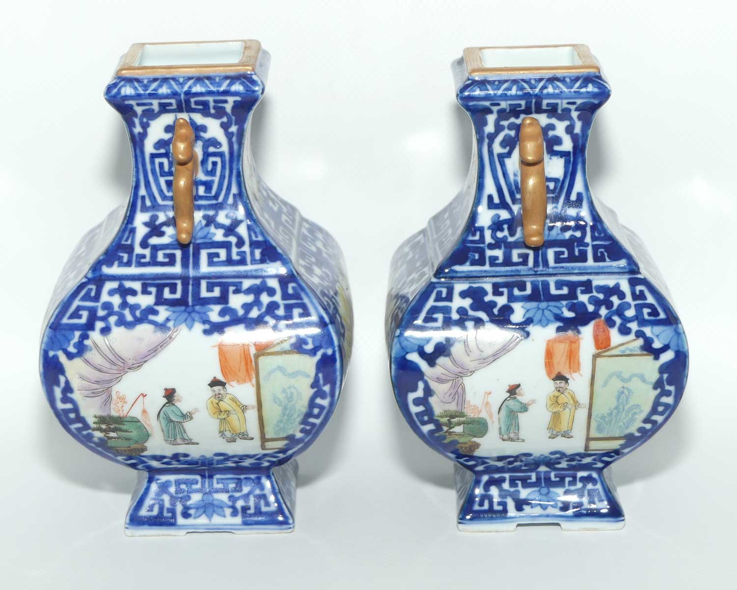 Pair of Chinese Qing Style Square vases | Blue and White and hand painted scenes