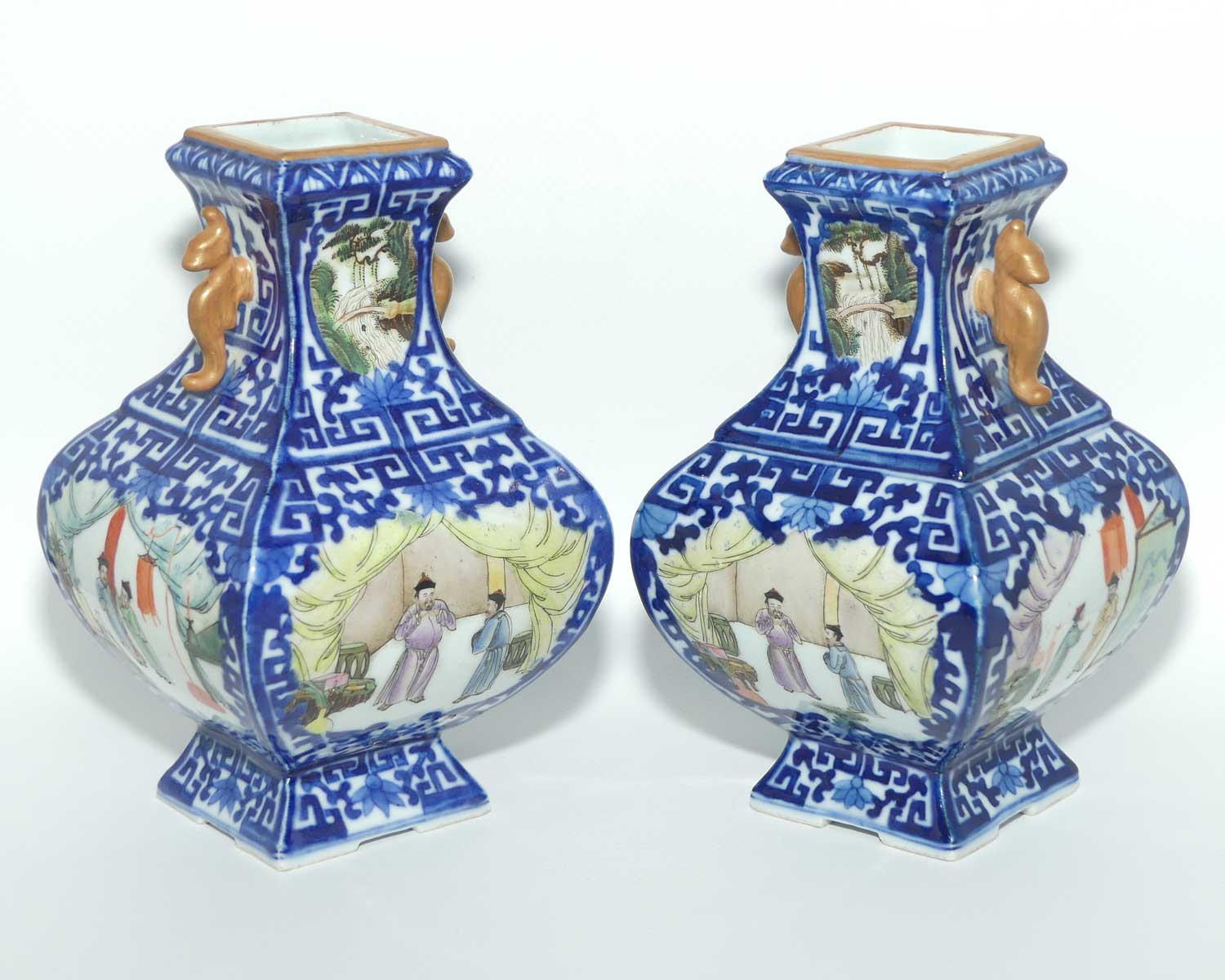 Pair of Chinese Qing Style Square vases | Blue and White and hand painted scenes