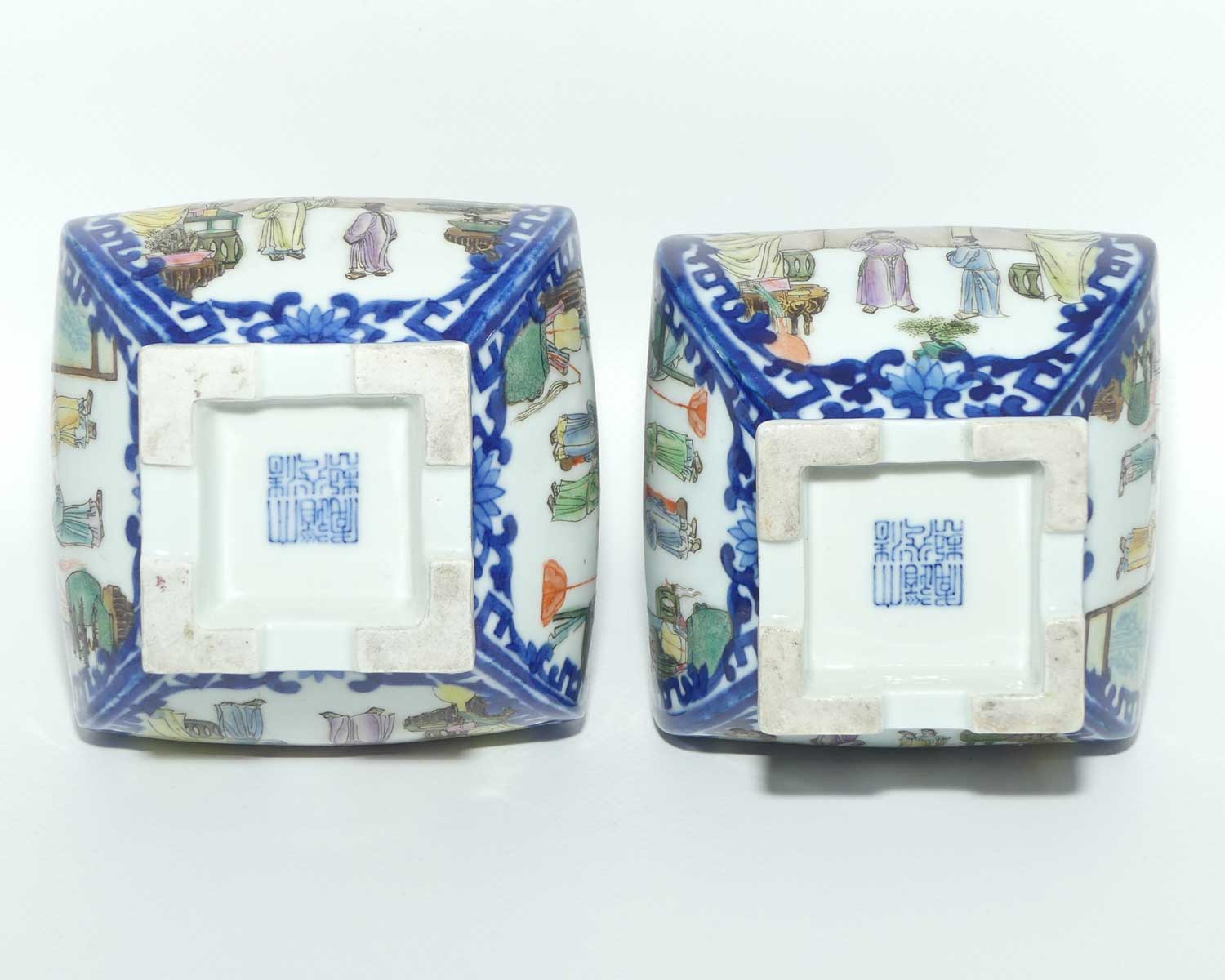 Pair of Chinese Qing Style Square vases | Blue and White and hand painted scenes