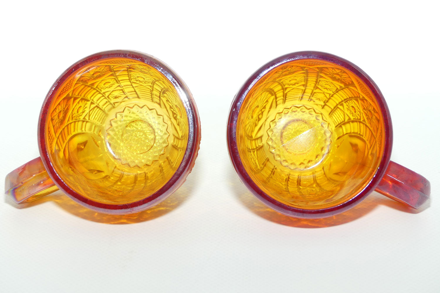 Pair of Indiana Carnival Glass cups | Red Amberina | Heirloom pattern