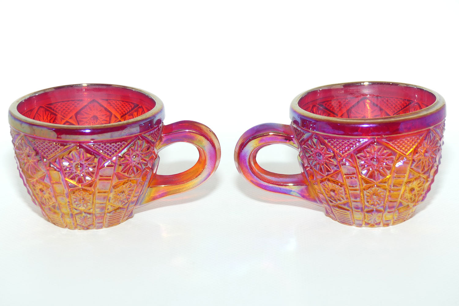 Pair of Indiana Carnival Glass cups | Red Amberina | Heirloom pattern | #2